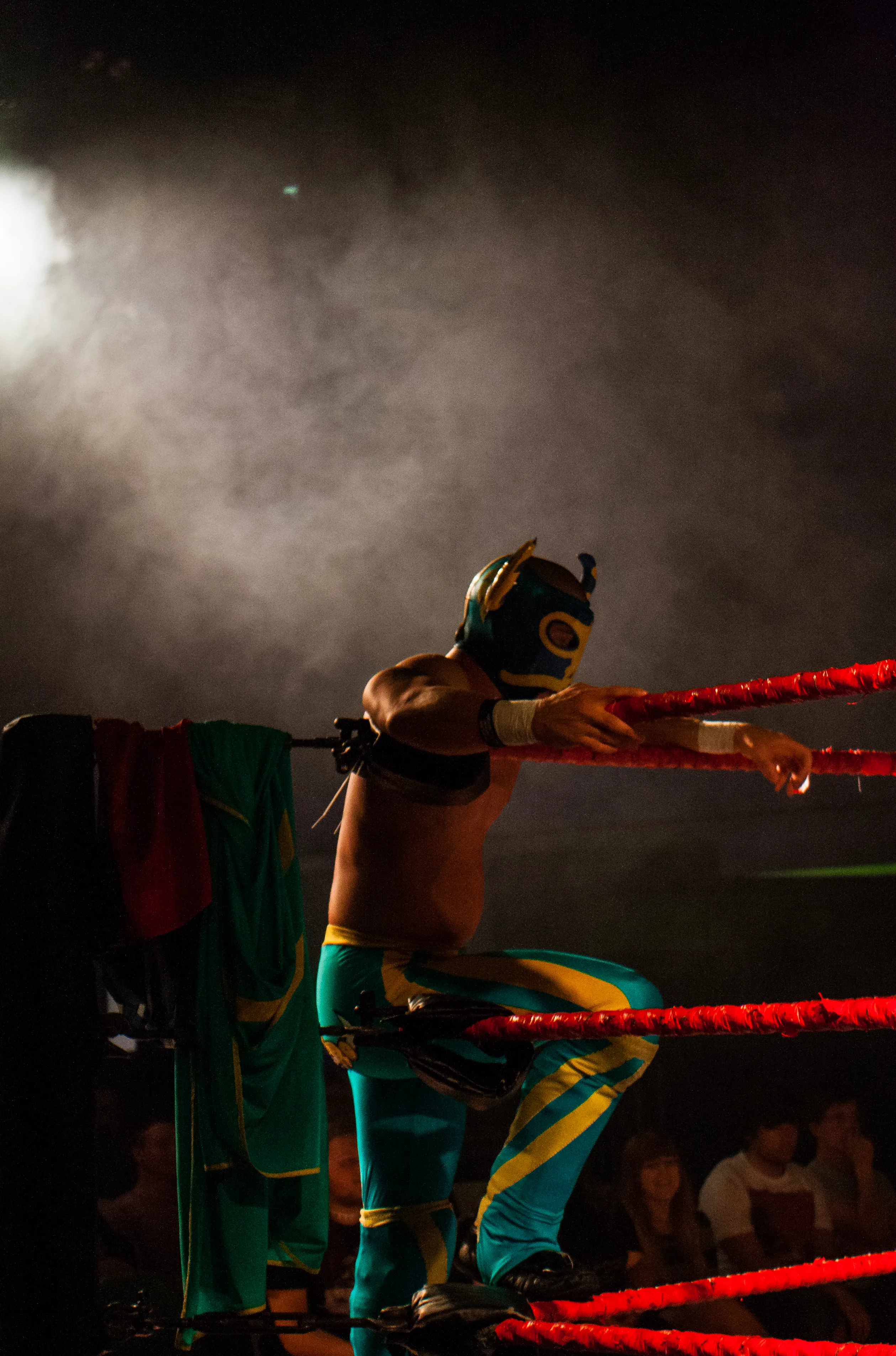 A masked wrestler lit by a single spotlight in a smoky ring