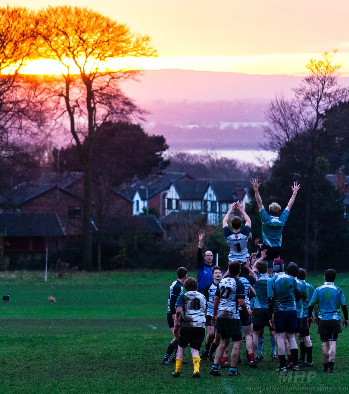 A rugby lineout silhouetted against a pink and orange sunset, houses in the distance