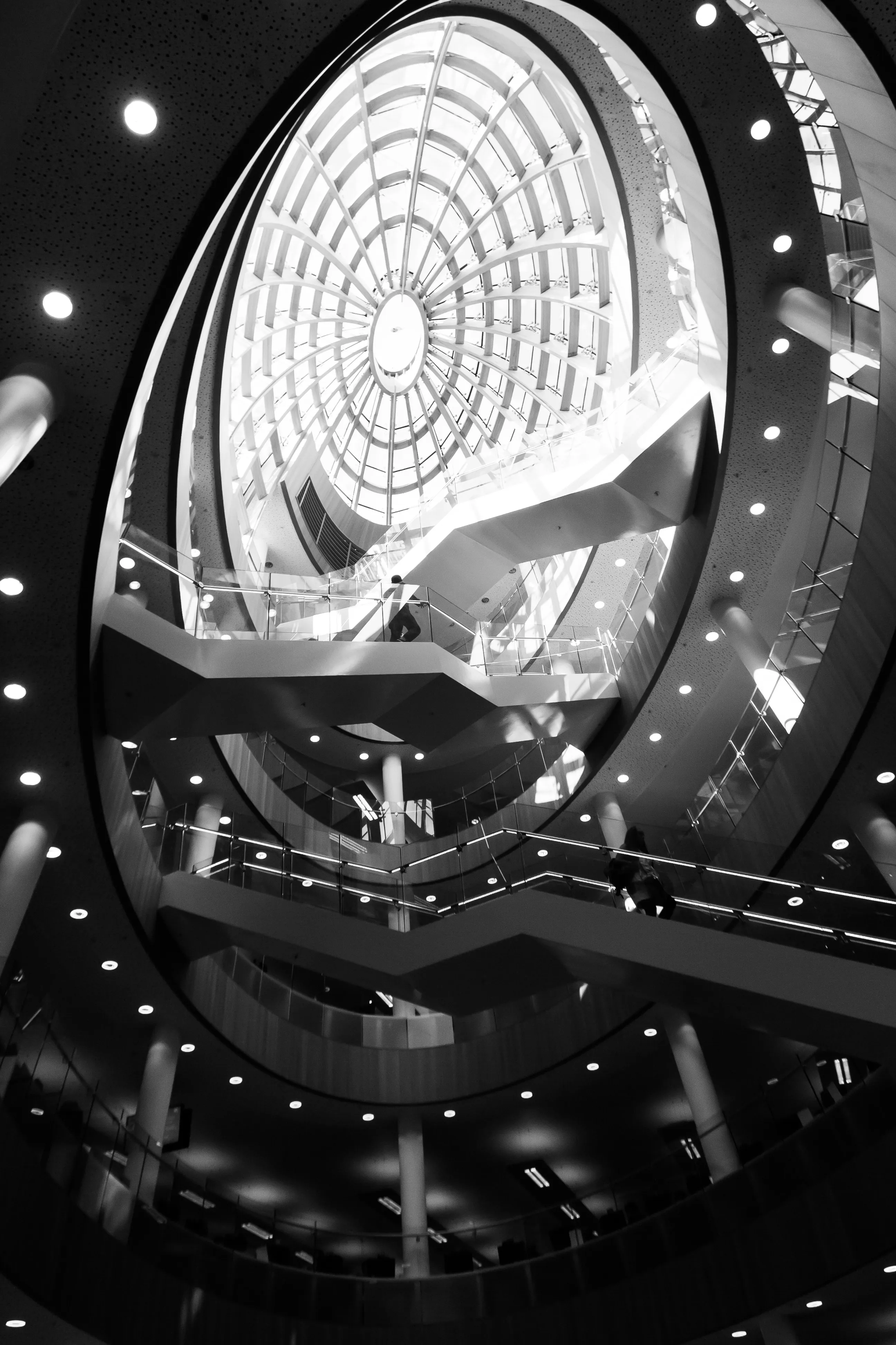Black and white shot of a spiral staircase and glass dome